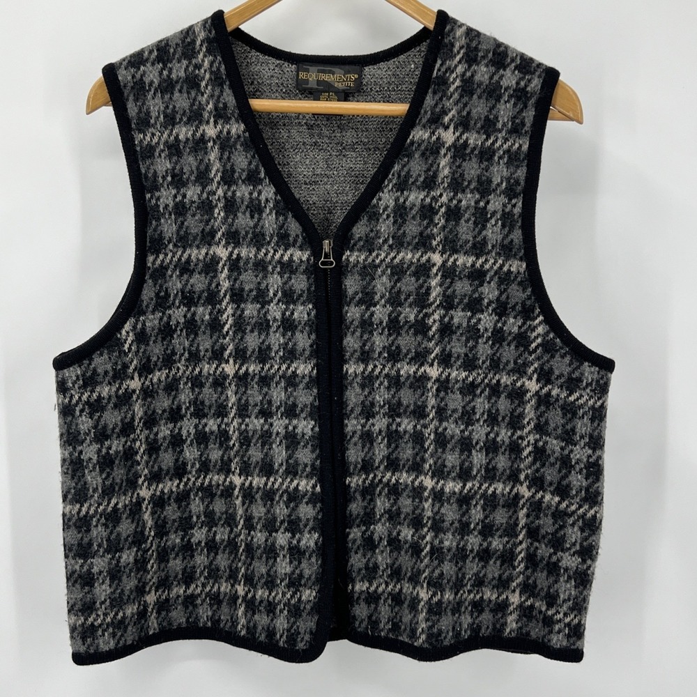 Vintage 100%‎ Wool Houndstooth Zip Vest Petite PL Grannycore